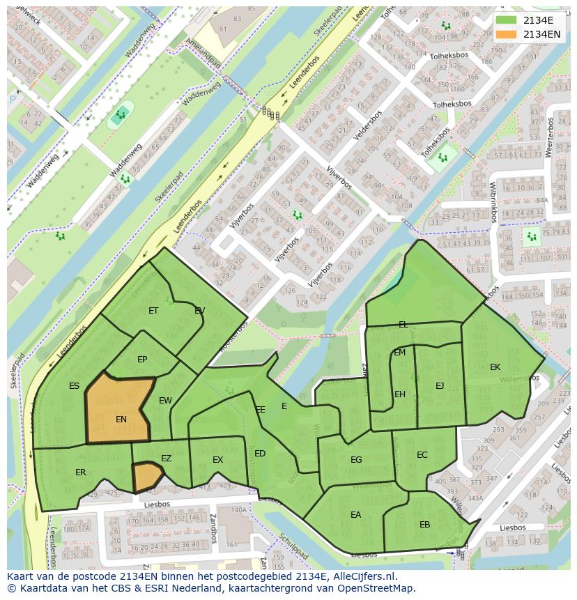 Afbeelding van het postcodegebied 2134 EN op de kaart.