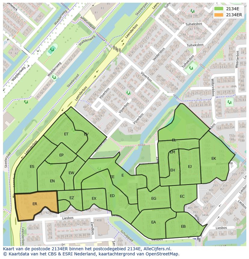 Afbeelding van het postcodegebied 2134 ER op de kaart.