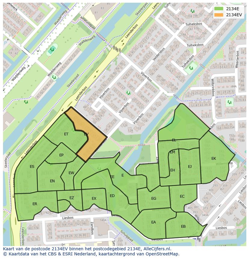 Afbeelding van het postcodegebied 2134 EV op de kaart.