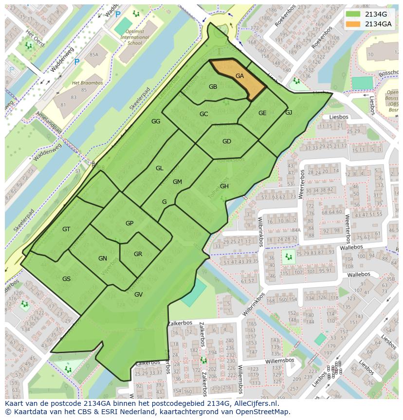 Afbeelding van het postcodegebied 2134 GA op de kaart.