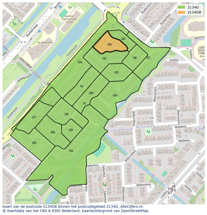 Afbeelding van het postcodegebied 2134 GB op de kaart.