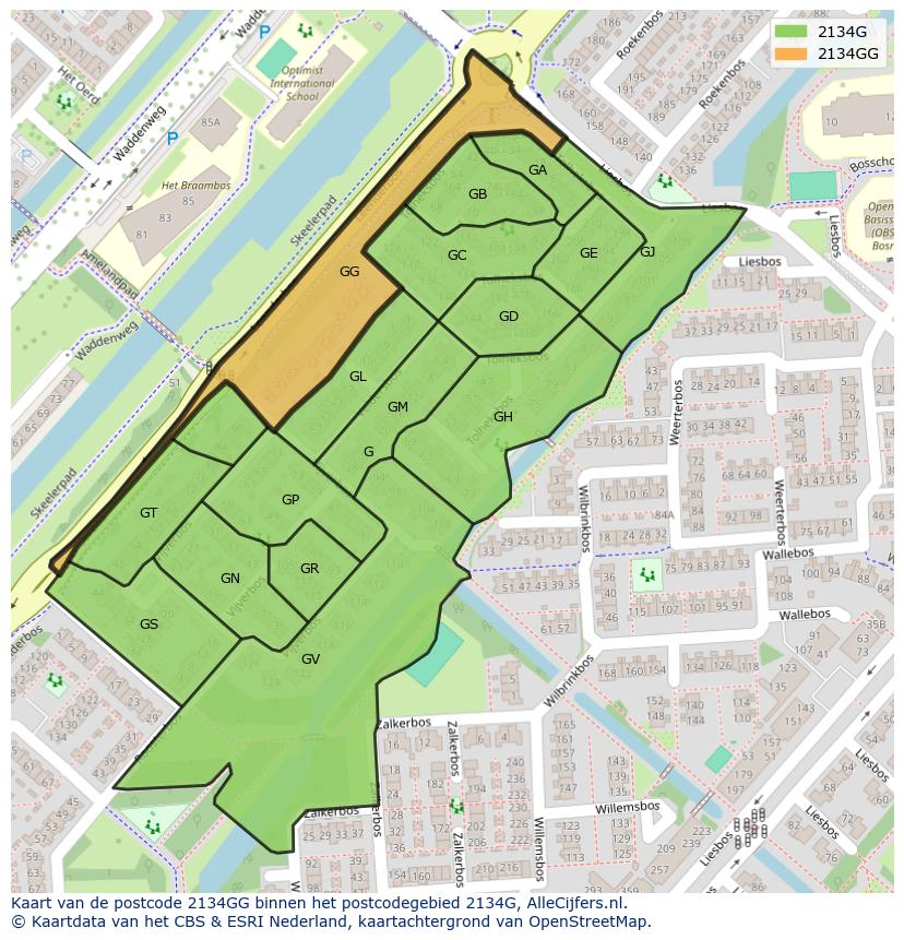 Afbeelding van het postcodegebied 2134 GG op de kaart.