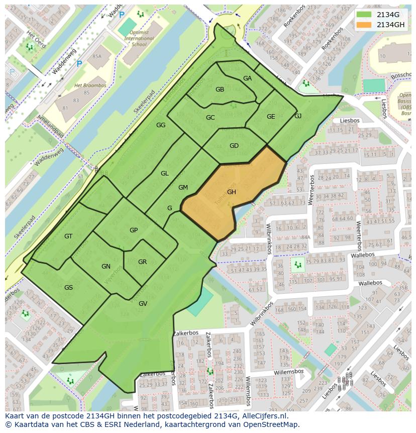 Afbeelding van het postcodegebied 2134 GH op de kaart.