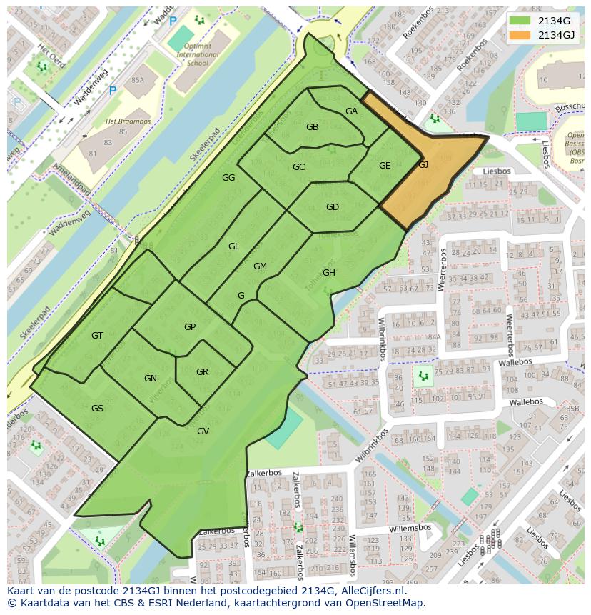 Afbeelding van het postcodegebied 2134 GJ op de kaart.