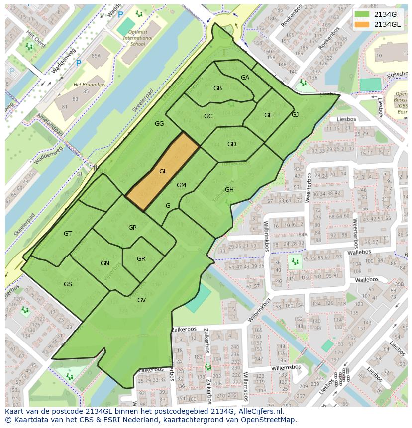 Afbeelding van het postcodegebied 2134 GL op de kaart.