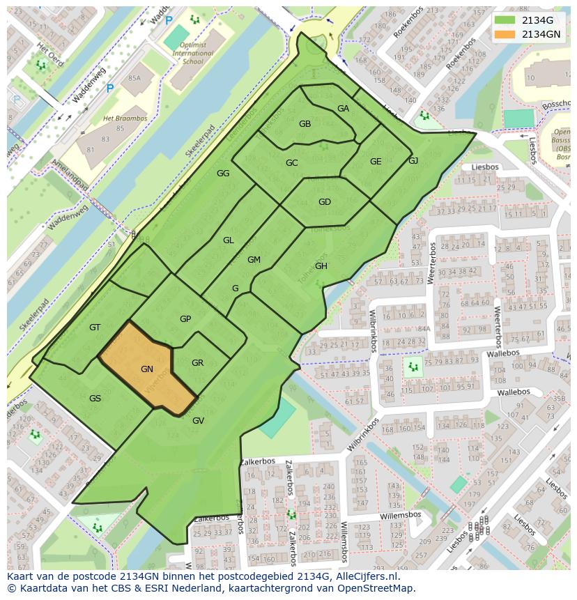 Afbeelding van het postcodegebied 2134 GN op de kaart.