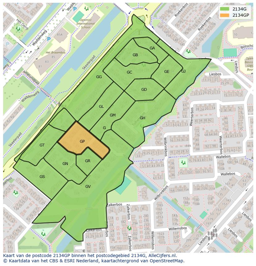 Afbeelding van het postcodegebied 2134 GP op de kaart.