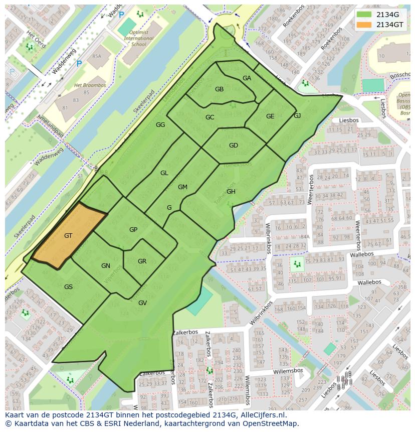 Afbeelding van het postcodegebied 2134 GT op de kaart.
