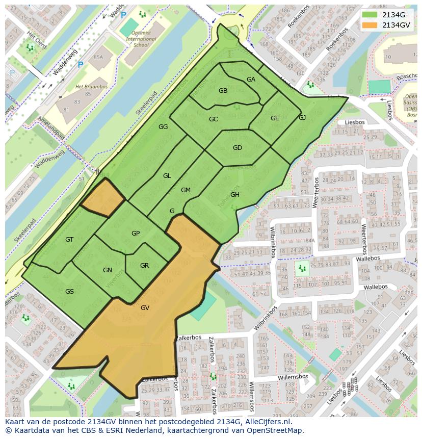 Afbeelding van het postcodegebied 2134 GV op de kaart.