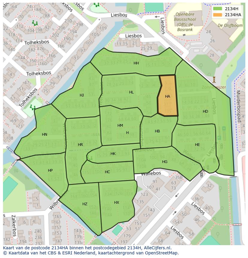 Afbeelding van het postcodegebied 2134 HA op de kaart.