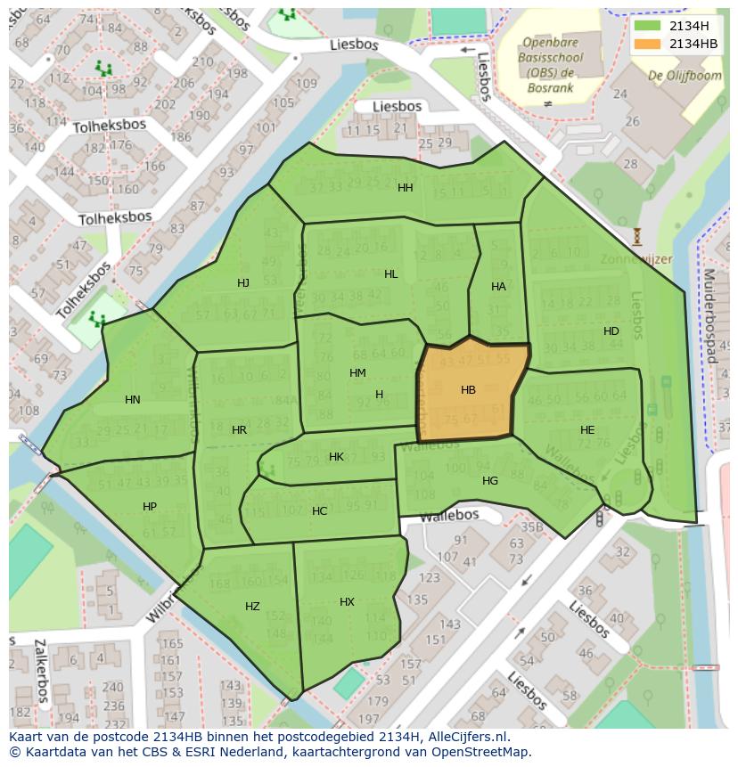 Afbeelding van het postcodegebied 2134 HB op de kaart.