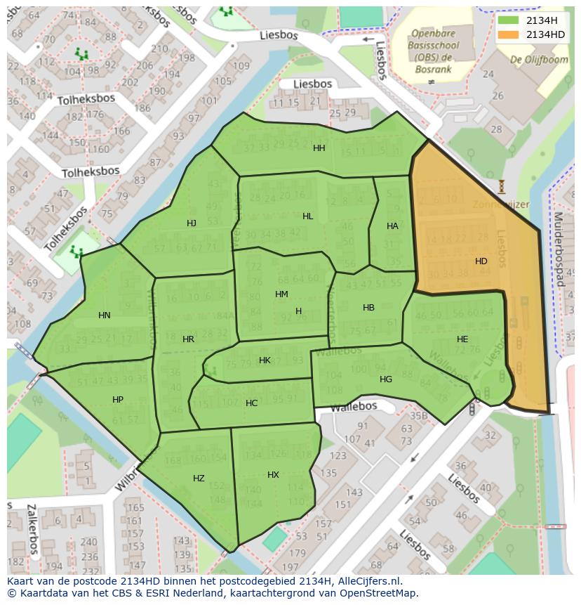 Afbeelding van het postcodegebied 2134 HD op de kaart.