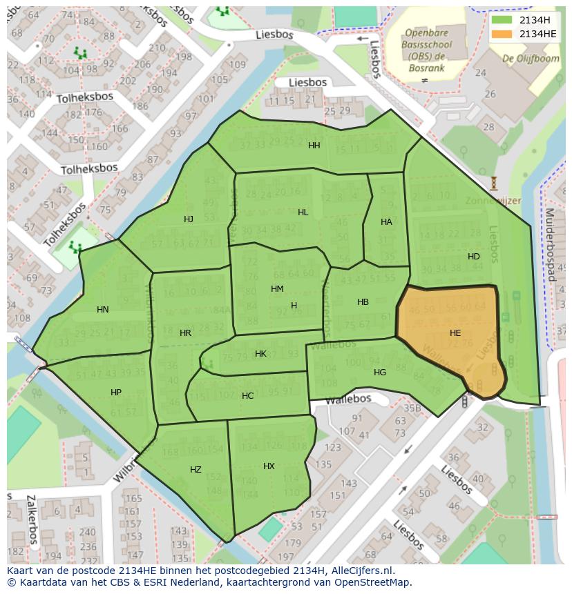 Afbeelding van het postcodegebied 2134 HE op de kaart.