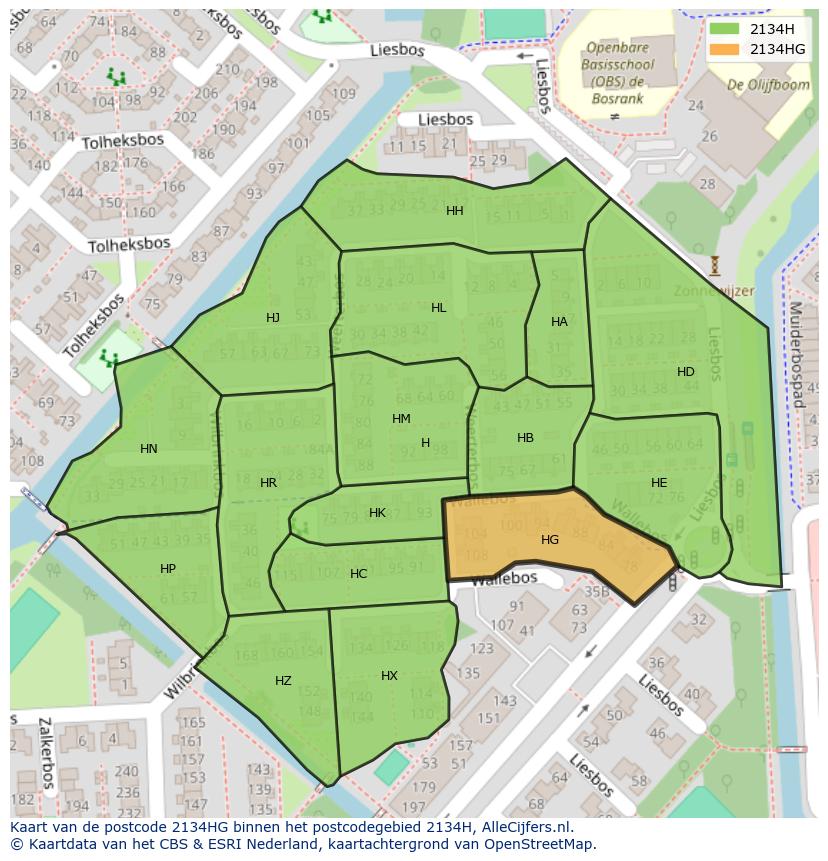 Afbeelding van het postcodegebied 2134 HG op de kaart.