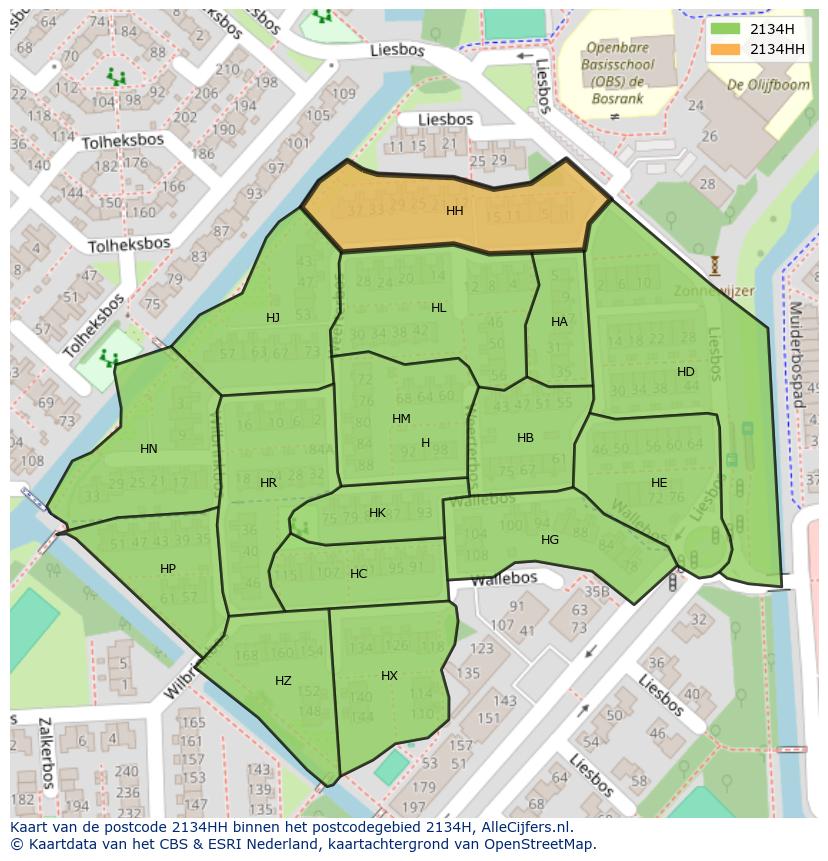 Afbeelding van het postcodegebied 2134 HH op de kaart.