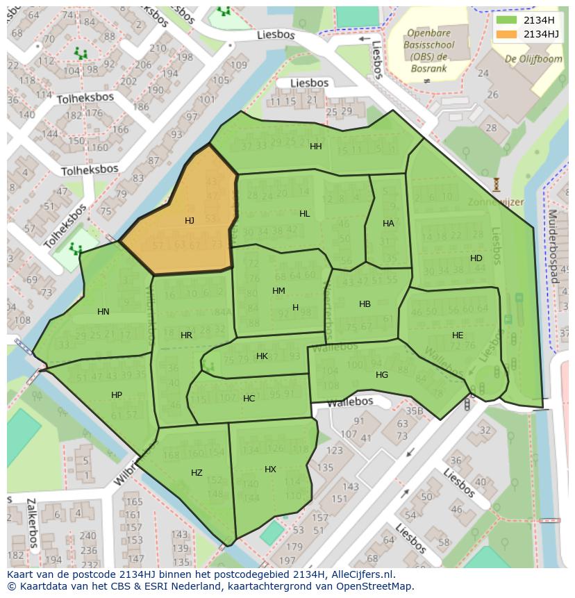 Afbeelding van het postcodegebied 2134 HJ op de kaart.