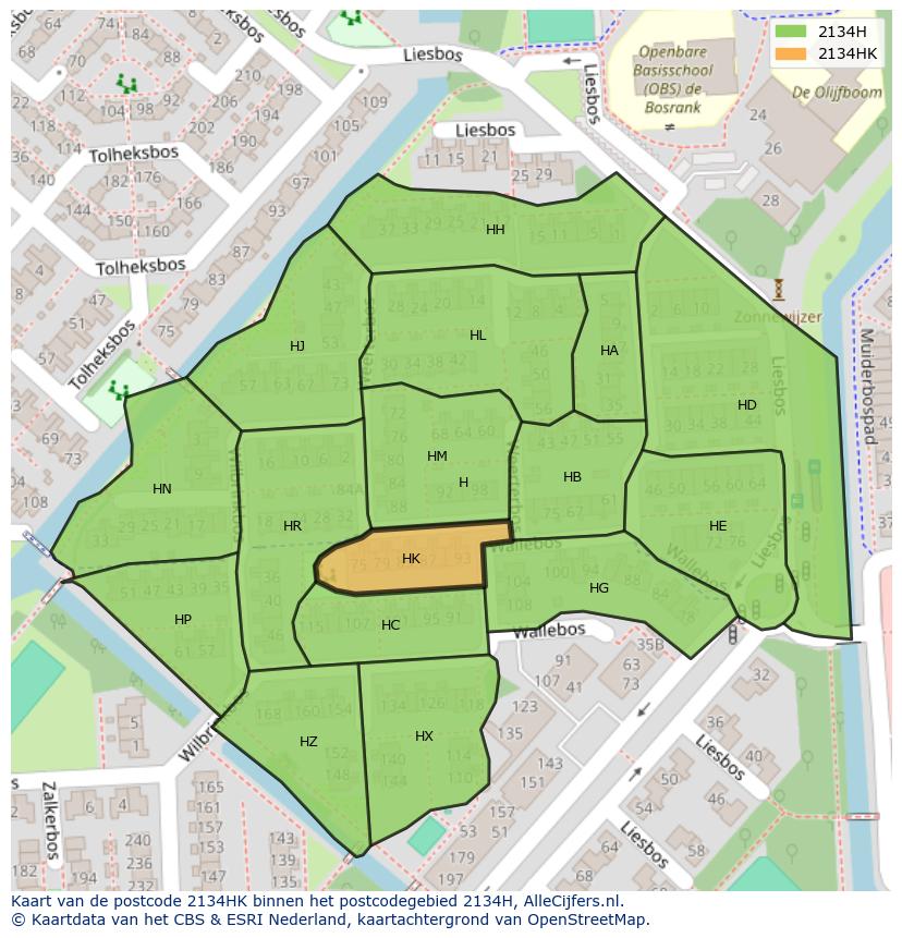 Afbeelding van het postcodegebied 2134 HK op de kaart.