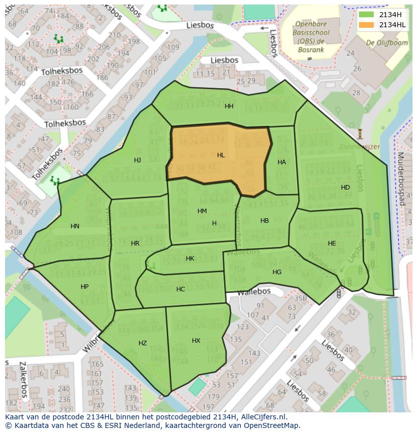 Afbeelding van het postcodegebied 2134 HL op de kaart.