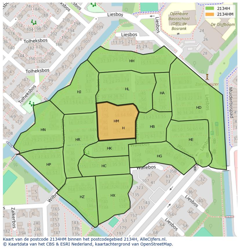 Afbeelding van het postcodegebied 2134 HM op de kaart.