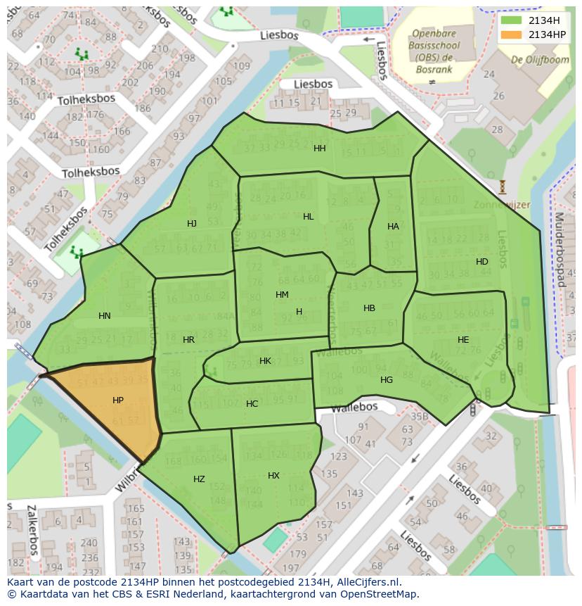 Afbeelding van het postcodegebied 2134 HP op de kaart.