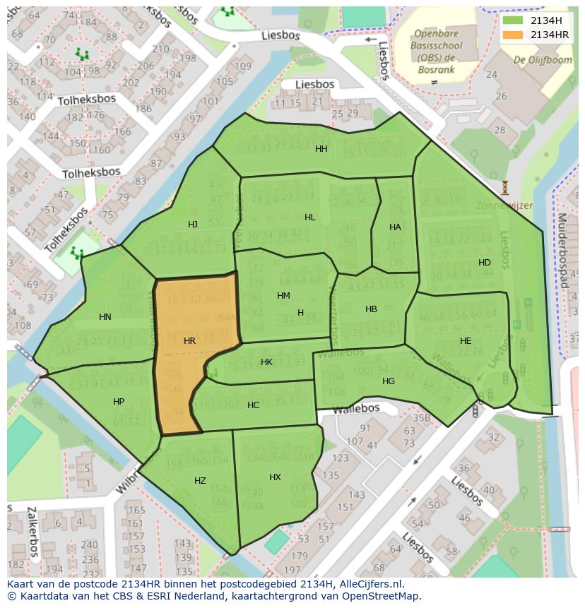 Afbeelding van het postcodegebied 2134 HR op de kaart.