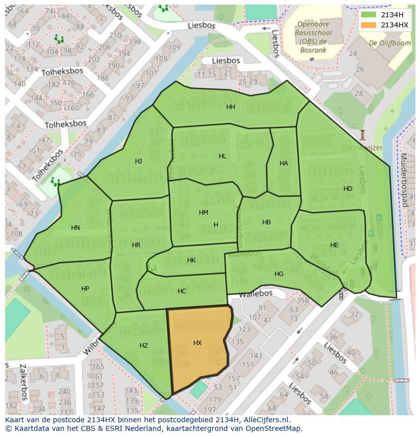 Afbeelding van het postcodegebied 2134 HX op de kaart.