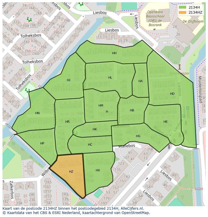 Afbeelding van het postcodegebied 2134 HZ op de kaart.