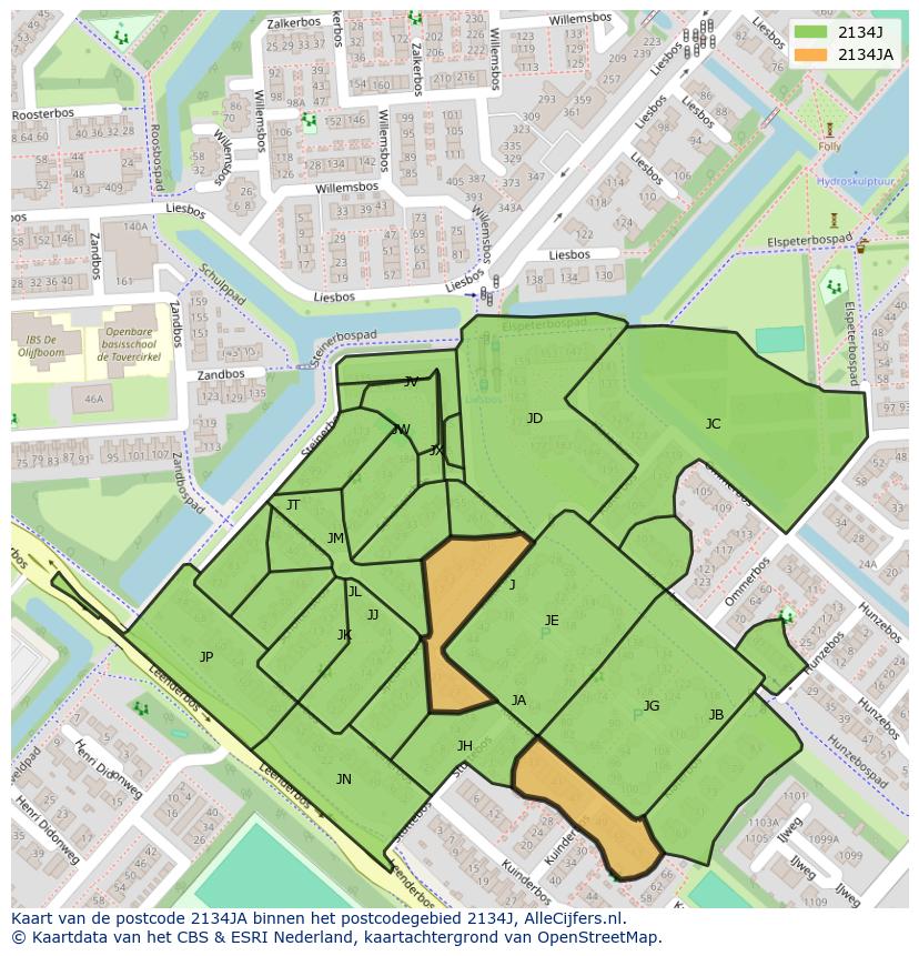 Afbeelding van het postcodegebied 2134 JA op de kaart.