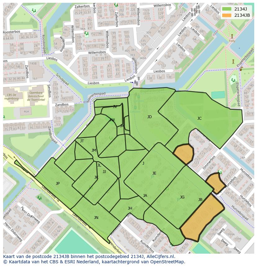 Afbeelding van het postcodegebied 2134 JB op de kaart.