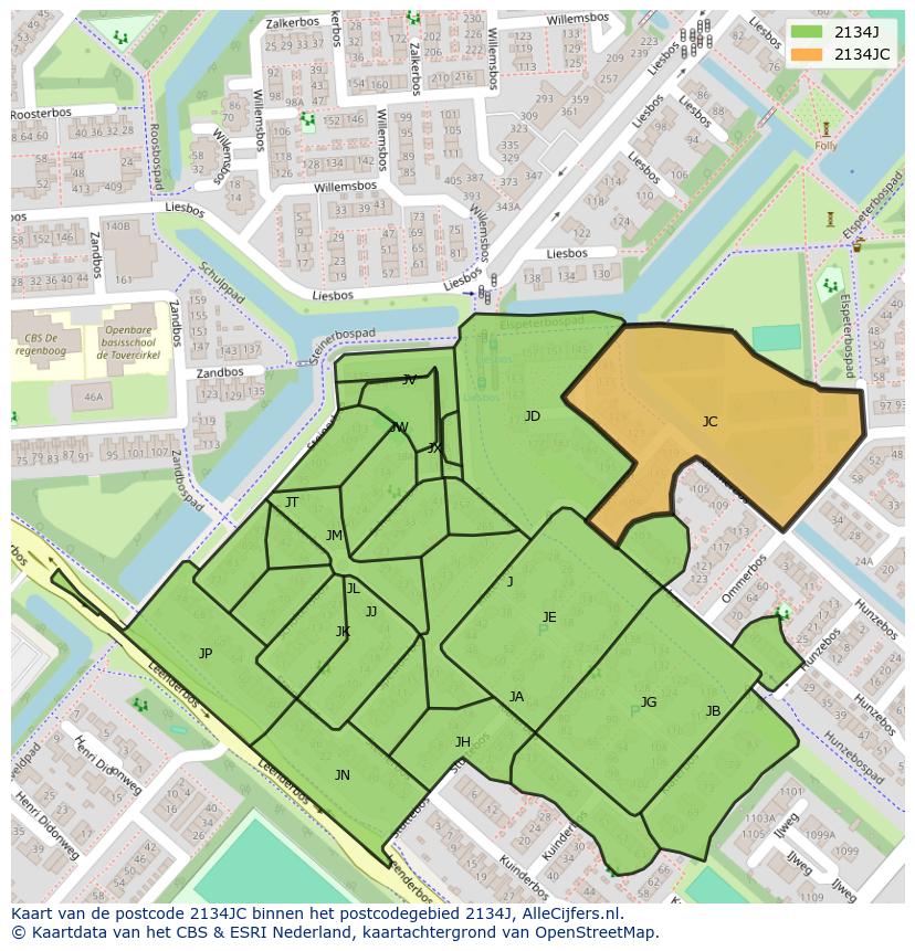 Afbeelding van het postcodegebied 2134 JC op de kaart.