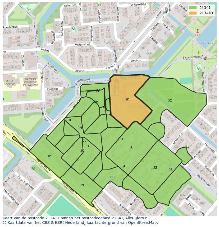 Afbeelding van het postcodegebied 2134 JD op de kaart.