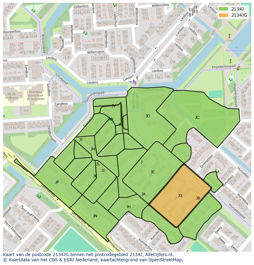 Afbeelding van het postcodegebied 2134 JG op de kaart.