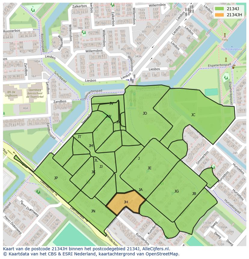 Afbeelding van het postcodegebied 2134 JH op de kaart.