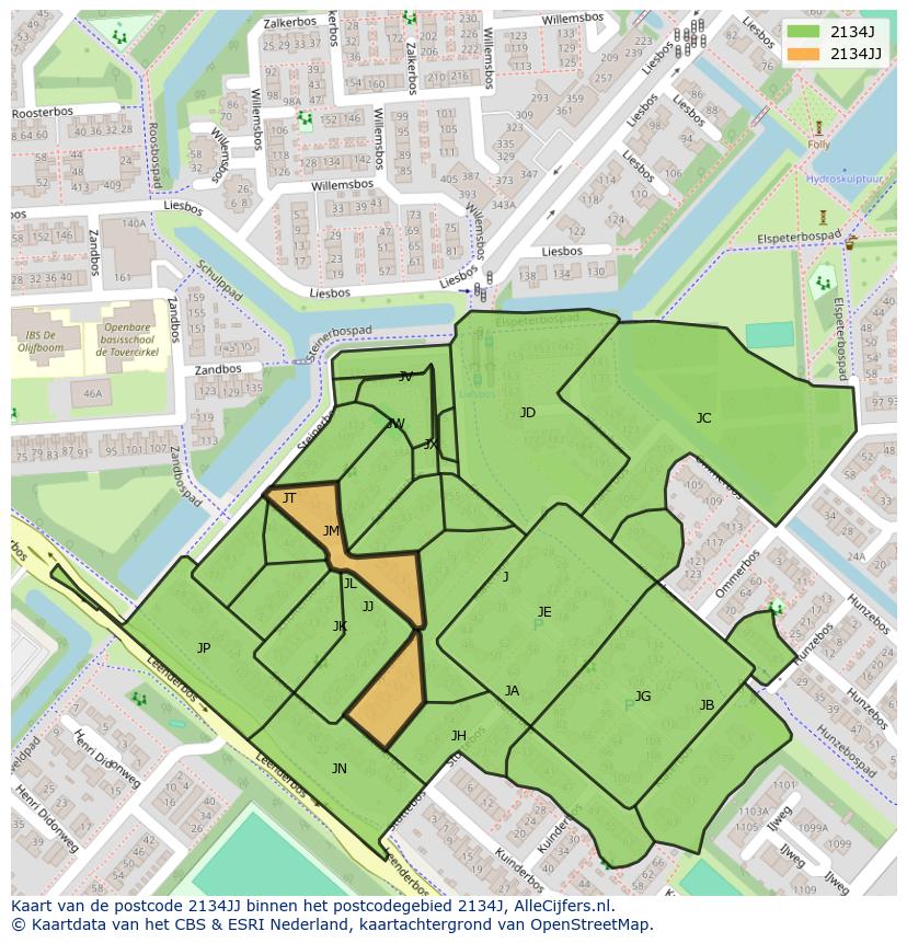 Afbeelding van het postcodegebied 2134 JJ op de kaart.