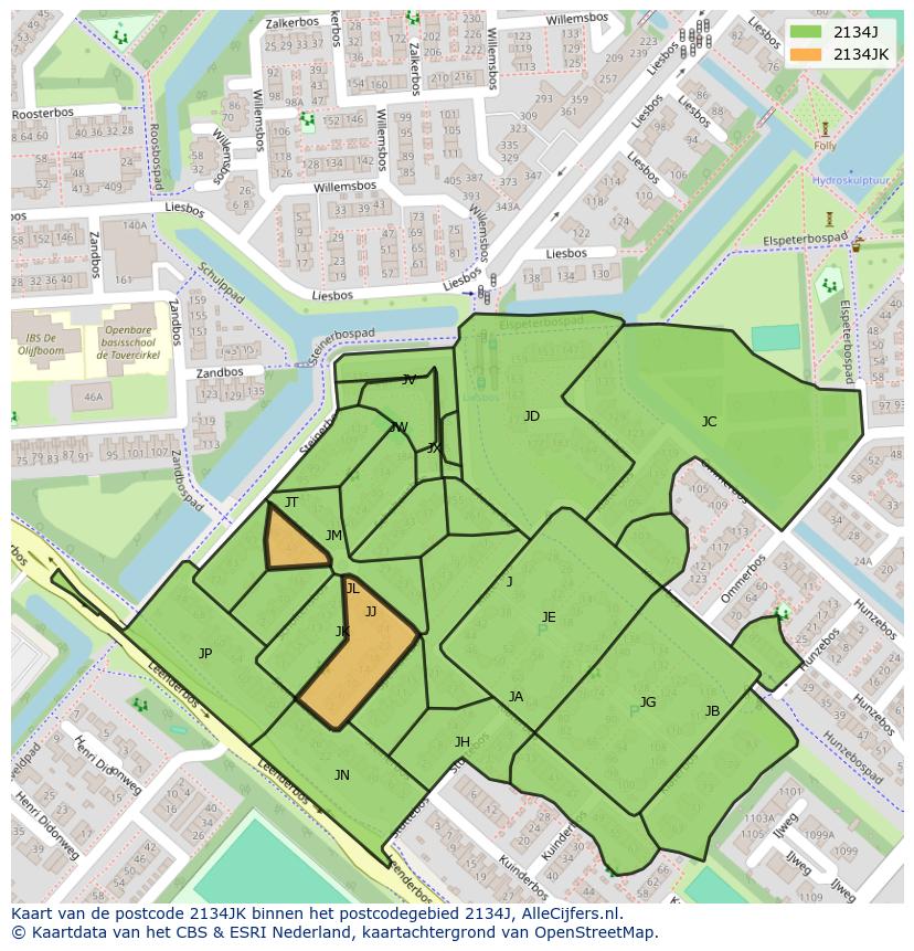 Afbeelding van het postcodegebied 2134 JK op de kaart.