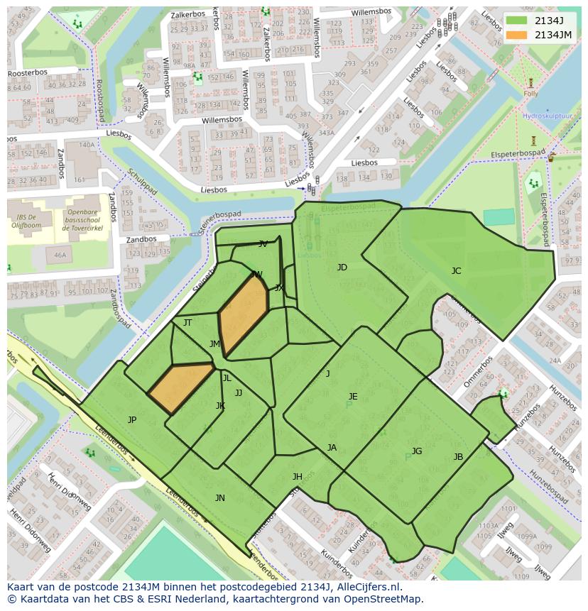 Afbeelding van het postcodegebied 2134 JM op de kaart.