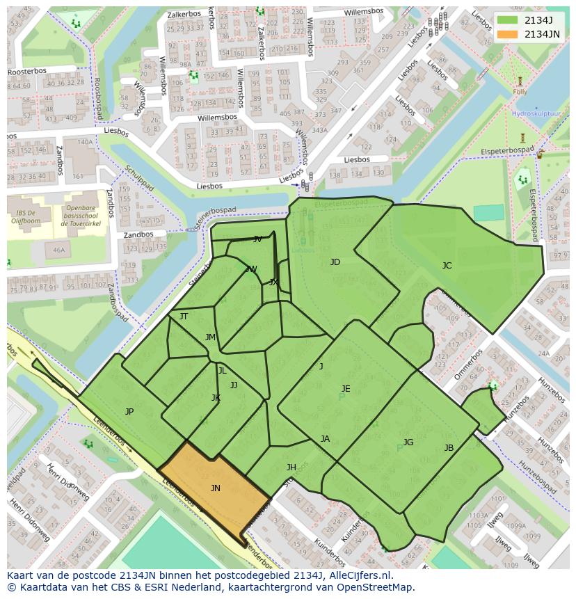 Afbeelding van het postcodegebied 2134 JN op de kaart.
