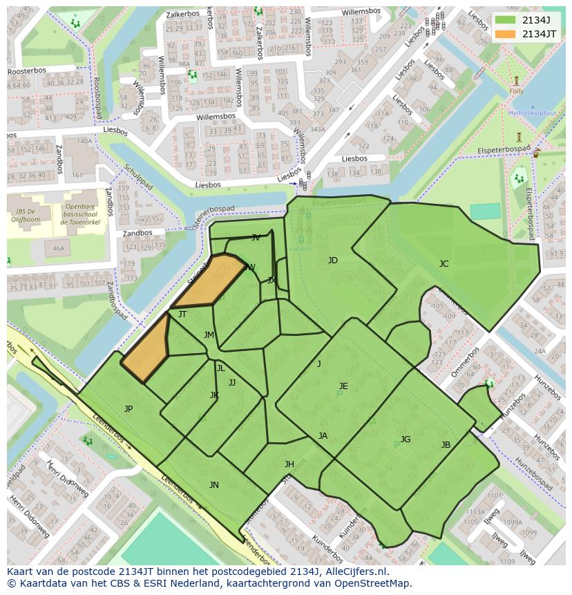 Afbeelding van het postcodegebied 2134 JT op de kaart.