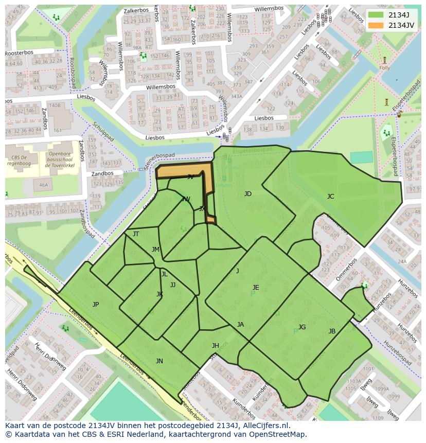 Afbeelding van het postcodegebied 2134 JV op de kaart.