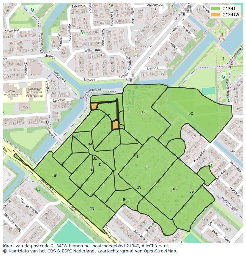 Afbeelding van het postcodegebied 2134 JW op de kaart.