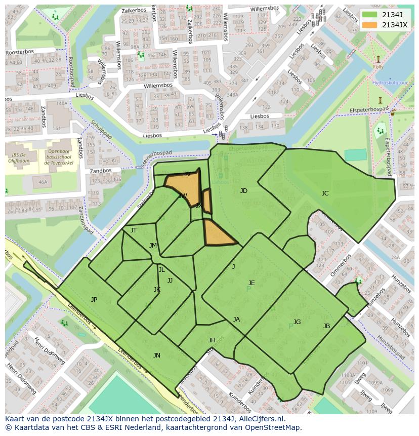 Afbeelding van het postcodegebied 2134 JX op de kaart.