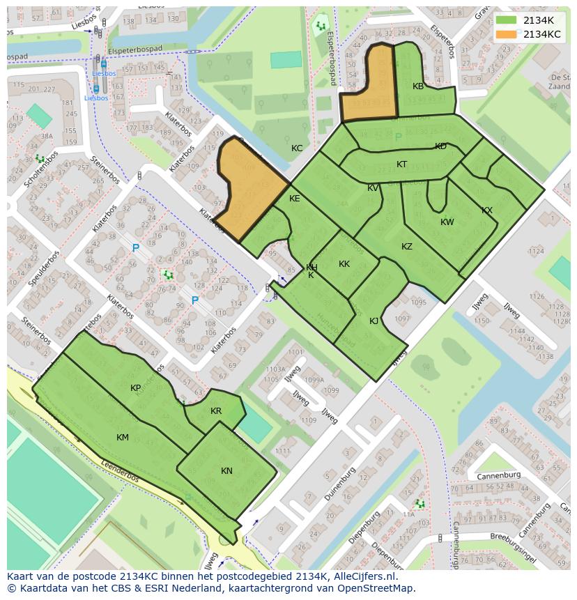 Afbeelding van het postcodegebied 2134 KC op de kaart.