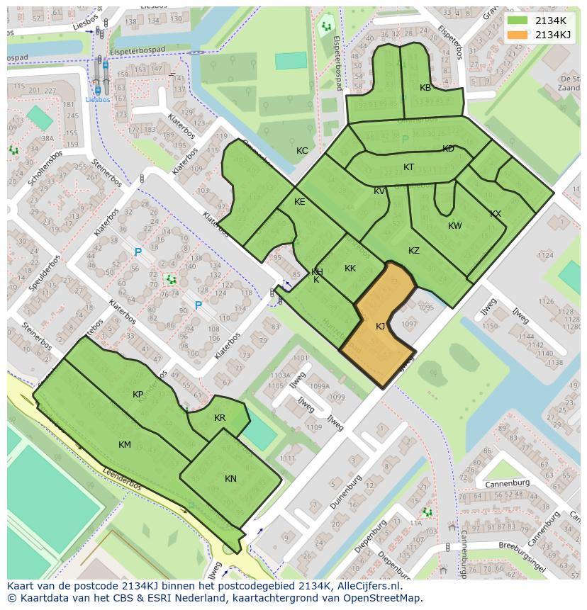 Afbeelding van het postcodegebied 2134 KJ op de kaart.