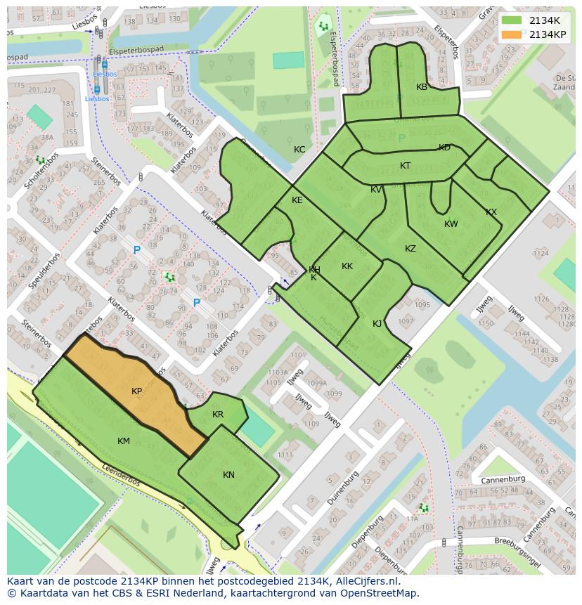 Afbeelding van het postcodegebied 2134 KP op de kaart.