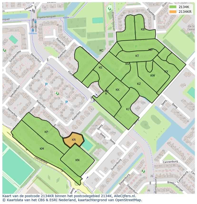 Afbeelding van het postcodegebied 2134 KR op de kaart.