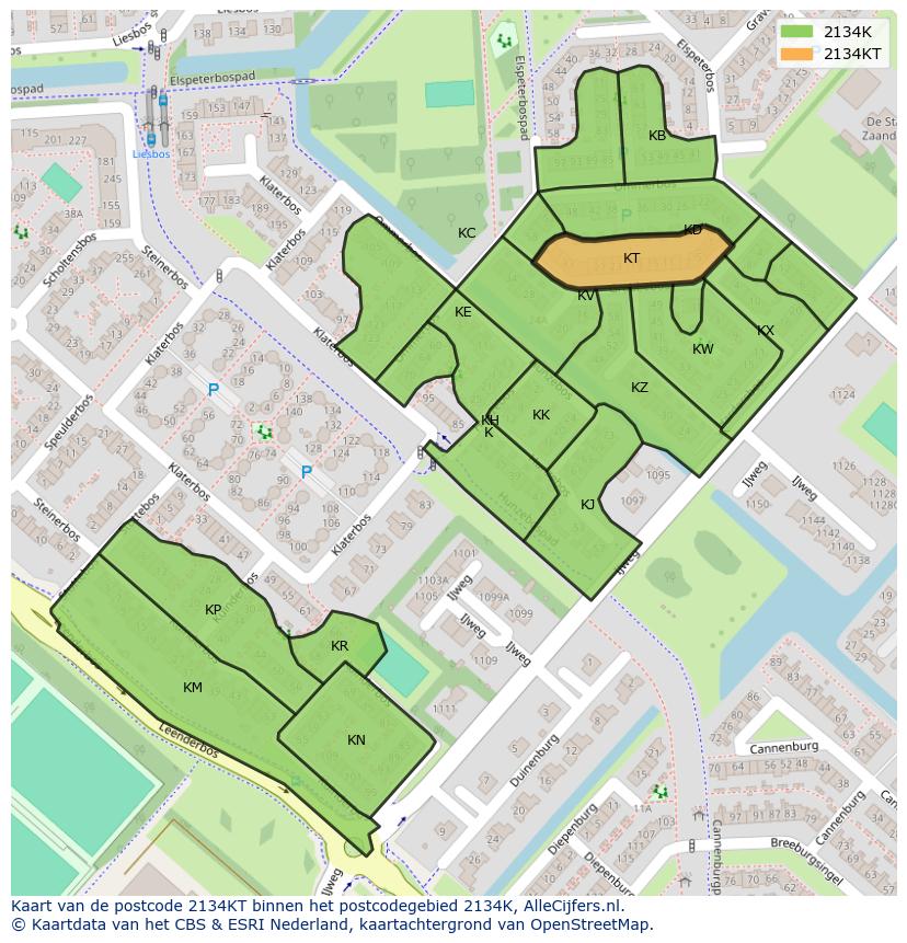Afbeelding van het postcodegebied 2134 KT op de kaart.