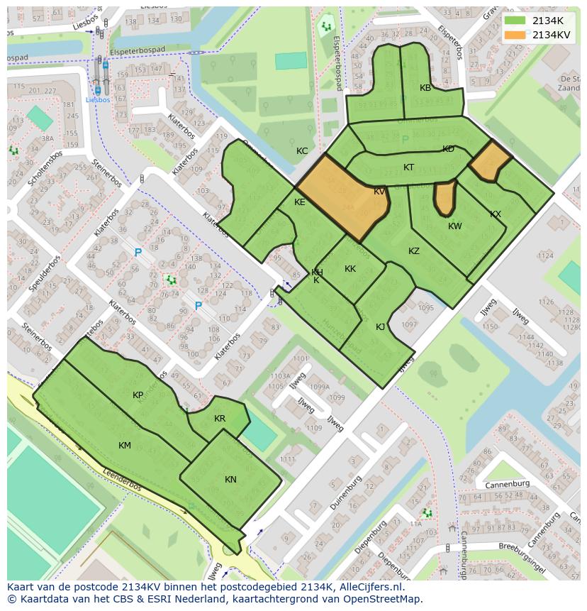 Afbeelding van het postcodegebied 2134 KV op de kaart.