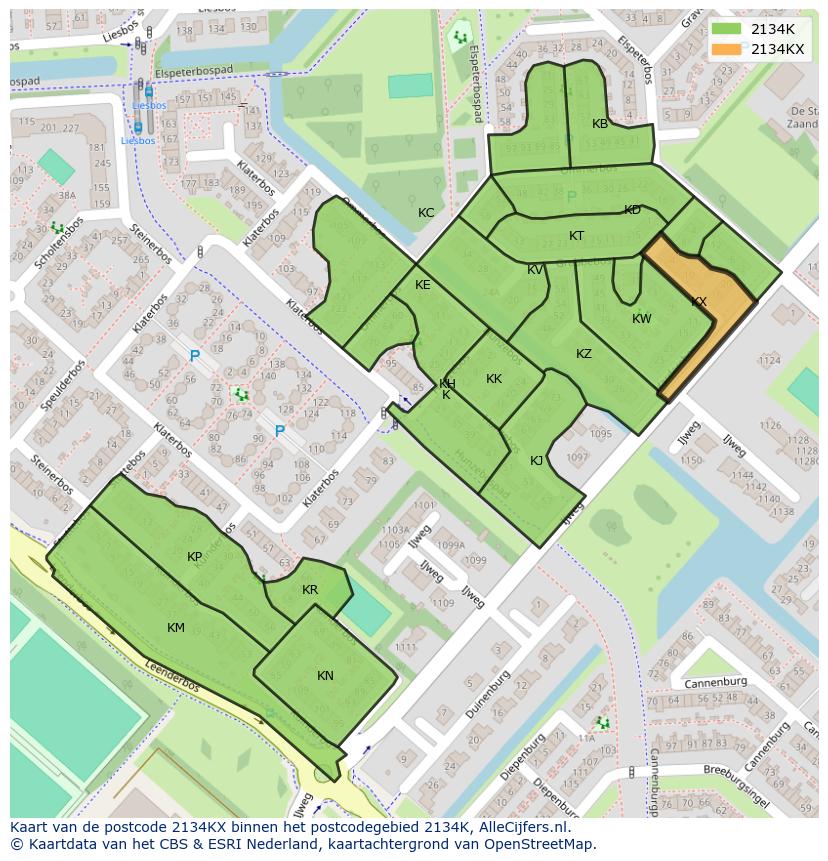 Afbeelding van het postcodegebied 2134 KX op de kaart.