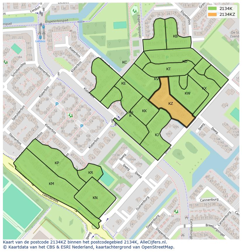 Afbeelding van het postcodegebied 2134 KZ op de kaart.
