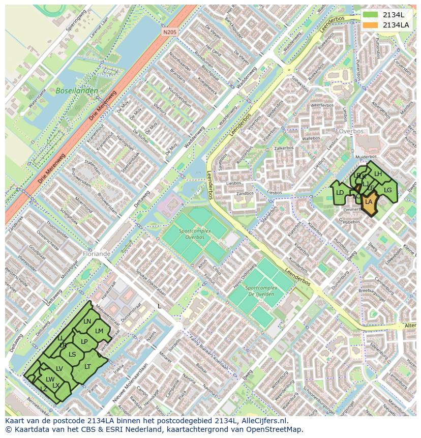 Afbeelding van het postcodegebied 2134 LA op de kaart.